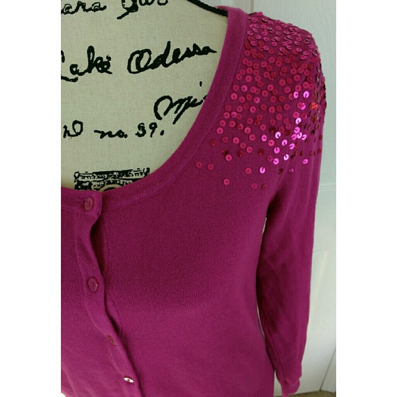 ELLE magenta button cardigan with sequins, small - Picture 2 of 5